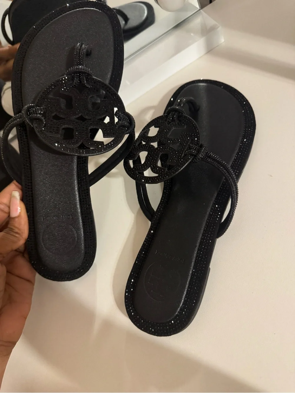 Tory Burch Black Sparkle Logo Toe-Post Sandals